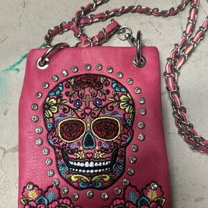 Pink Embroidered Skull Crossbody Bag